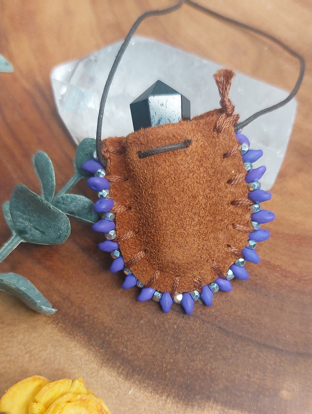 Leather Mini mojo bag Necklace by RBR, Black Tourmaline, Hand Crafted